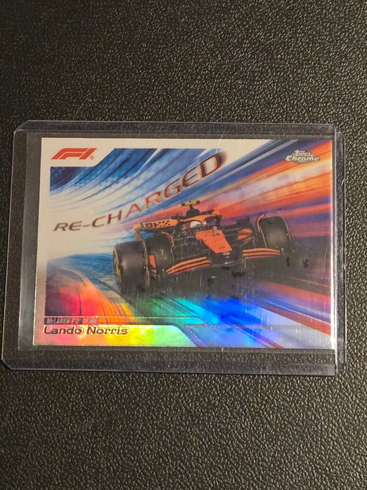 F1 Lando Norris Re-Charged trading card from 2024 Topps Chrome Logofractor Edition