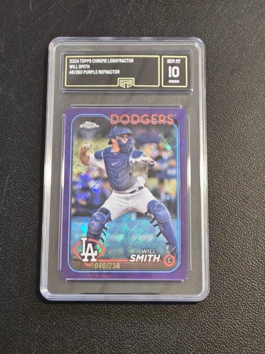 Graded Will Smith baseball card in purple refractor from 2024 Topps Chrome Logofractor Edition