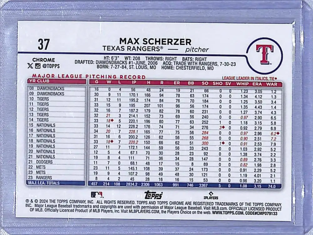 Max Scherzer 2024 Topps Chrome Logofractor Refractor #37 baseball card NM-MT