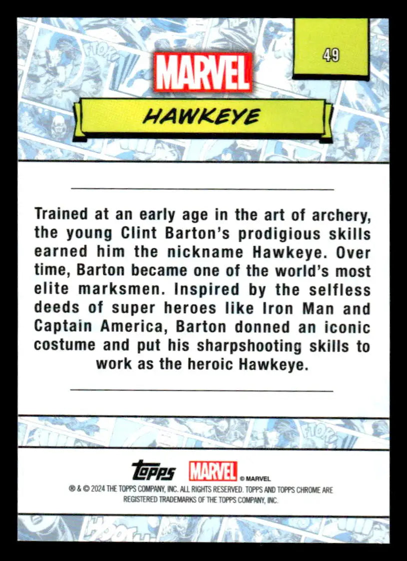 Hawkeye trading card back from 2024 Topps Chrome Marvel series showcasing detailed content