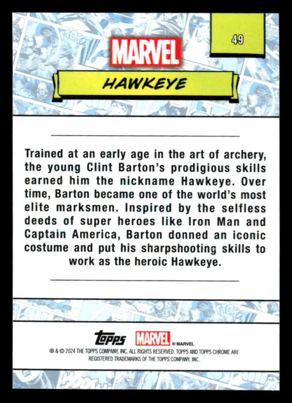 Hawkeye trading card back from 2024 Topps Chrome Marvel series showcasing detailed content