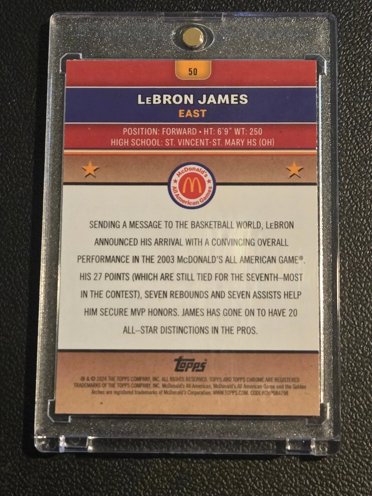 Back of a LeBron James 2003 McDonald’s All-American Game Topps Chrome basketball card