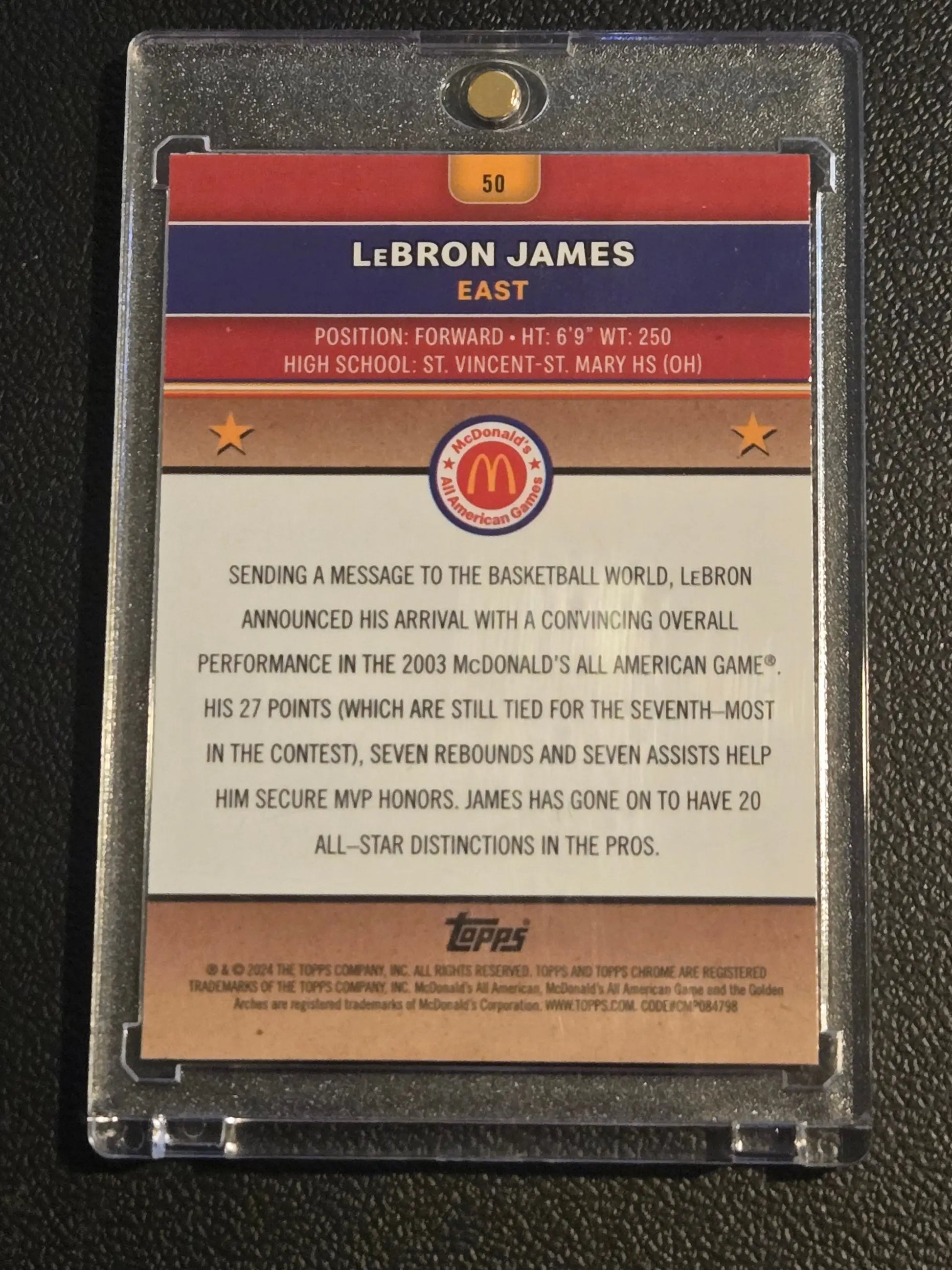 Back of a LeBron James 2003 McDonald’s All-American Game Topps Chrome basketball card