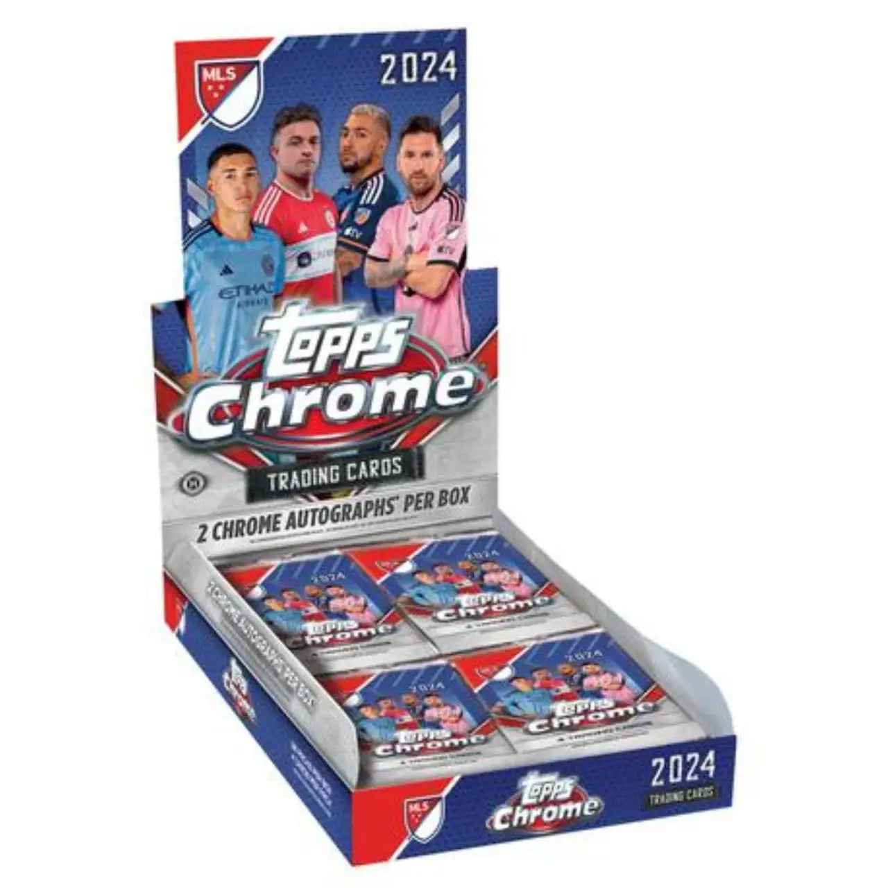 Display box of 2024 Topps Chrome MLS trading card packs for MLS Soccer Hobby Box