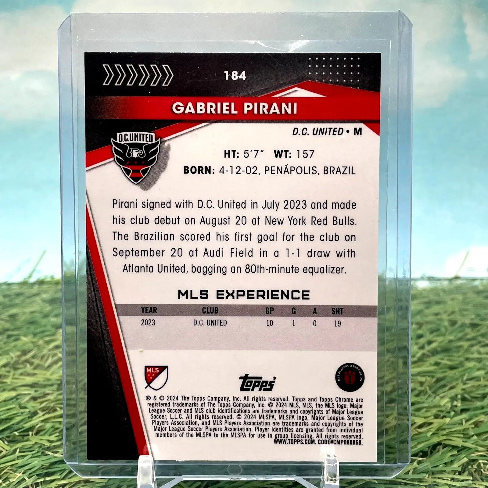 Gabriel Pirani neon aqua wave soccer card from 2024 Topps Chrome MLS D.C. United RC