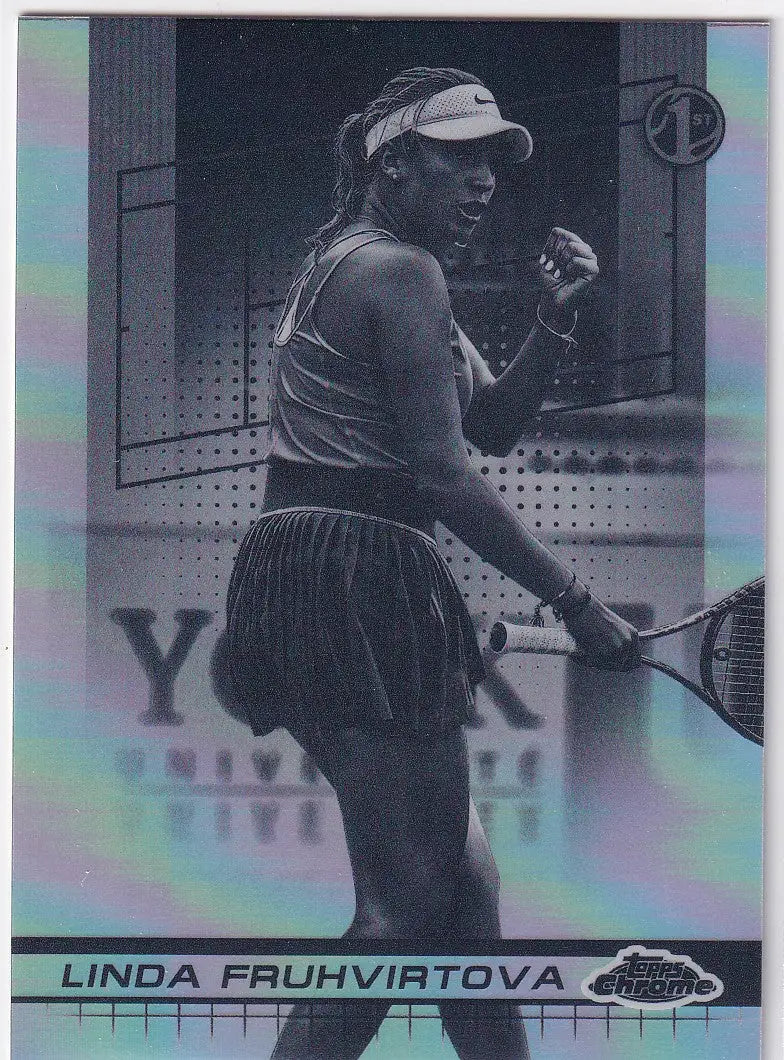 Black and white Topps Chrome Negative Refractor featuring Linda Fruhvirtova in action