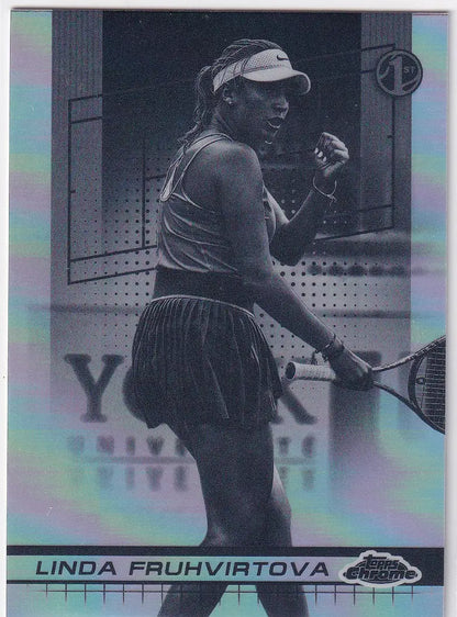 Black and white Topps Chrome Negative Refractor featuring Linda Fruhvirtova in action