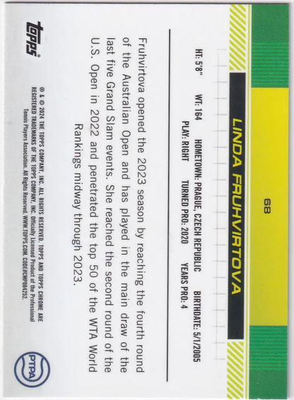 Back side of Topps Chrome Negative Refractor #68 Linda Fruhvirtova with yellow and green stripes