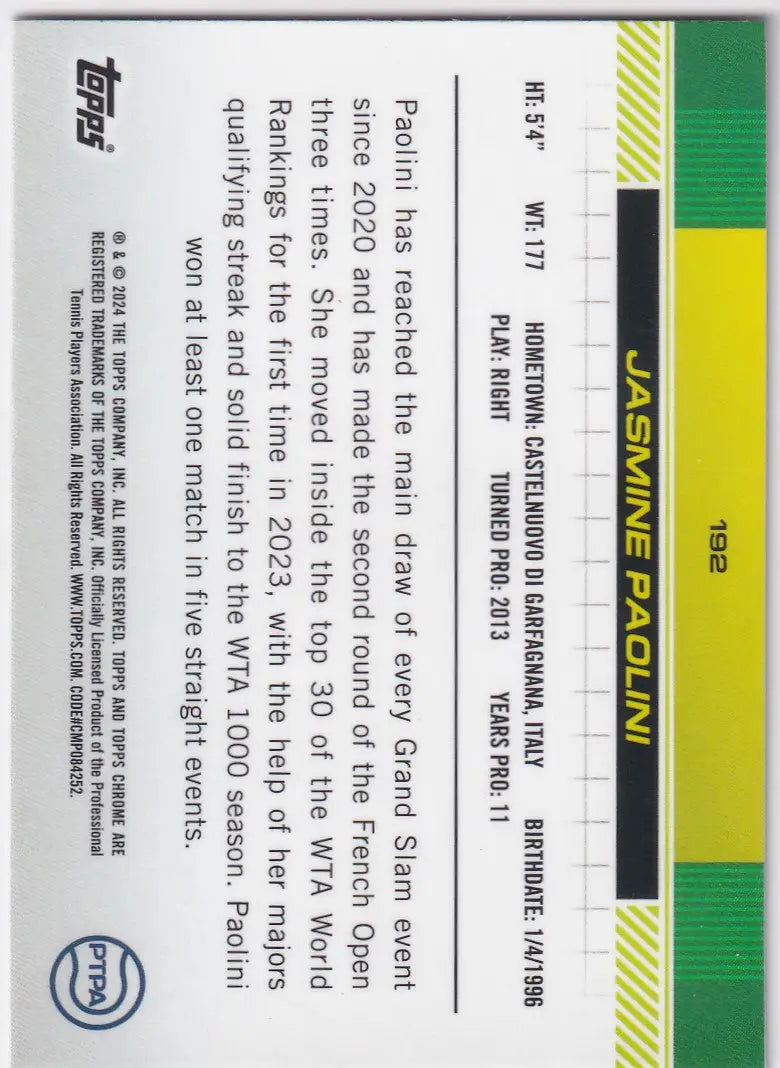 Back side of 2024 Topps Chrome Prizm Refractor #192 Jasmine Paolini with text and stripes