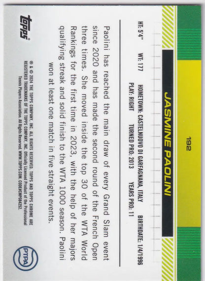 Back side of 2024 Topps Chrome Prizm Refractor #192 Jasmine Paolini with text and stripes