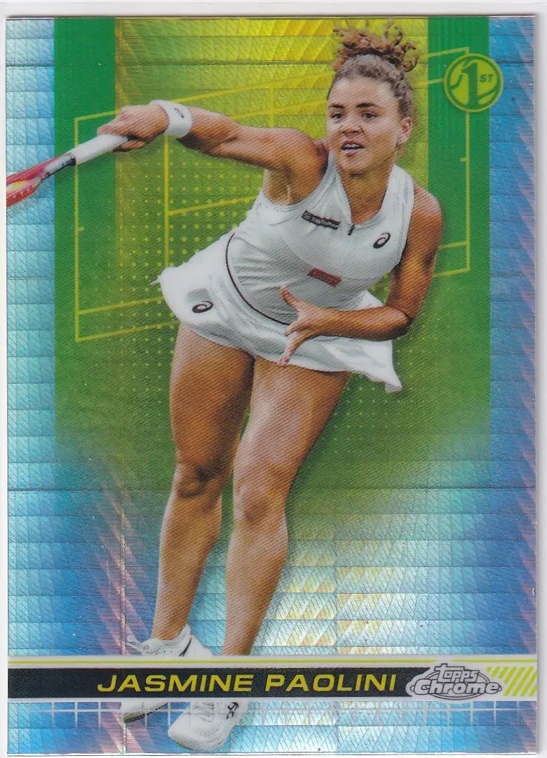 Tennis player serving in white attire on 2024 Topps Chrome Prizm Refractor card