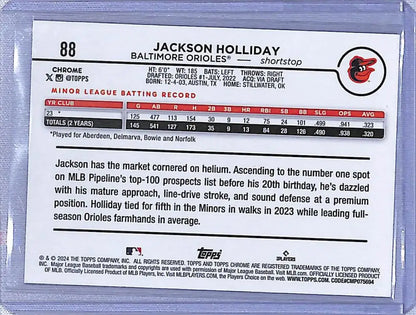 Jackson Holliday baseball card from 2024 Topps Chrome Ray Wave for Baltimore Orioles
