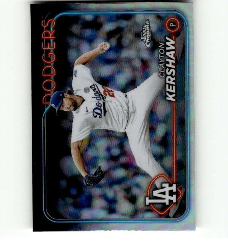 Clayton Kershaw mid-throw in white uniform on Topps Chrome Refractor Dodgers card
