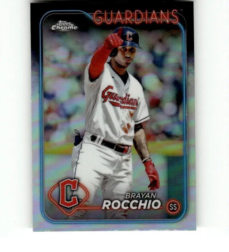 Chrome finish baseball card of Brayan Rocchio in white uniform for Cleveland Guardians
