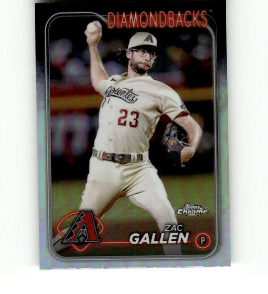 Zac Gallen Arizona Diamondbacks Baseball Card in white uniform number 23 Topps Chrome Refractor
