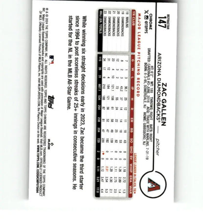 Baseball scorecard featuring Arizona Diamondbacks player Zac Gallen in 2024 Topps card