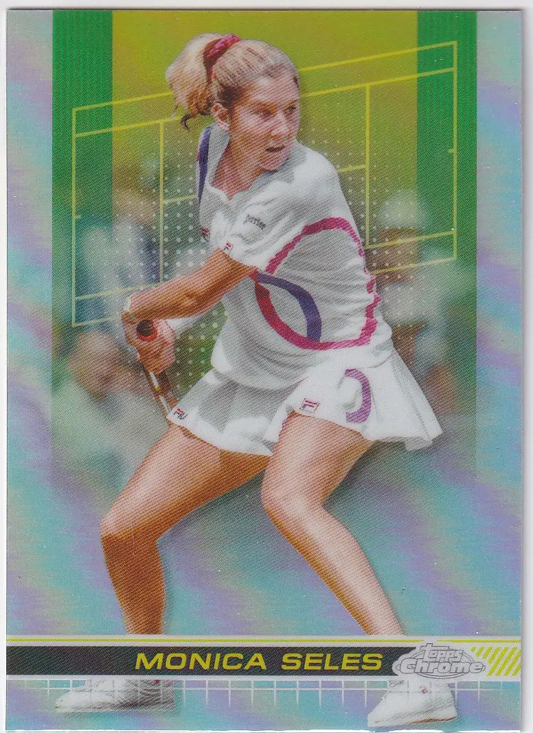 Monica Seles in white dress with pink accents hitting a backhand Topps Chrome Refractor