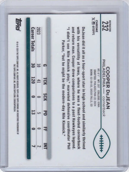 2024 Topps Chrome Refractor sports trading card featuring Cooper Dejean Philadelphia Eagles