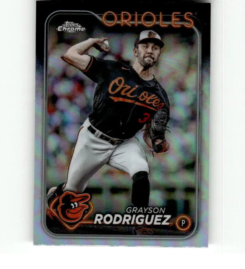 Grayson Rodriguez throwing a pitch on a Baltimore Orioles baseball card
