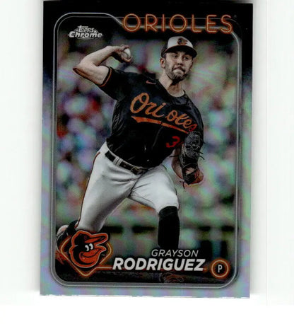 Grayson Rodriguez throwing a pitch on a Baltimore Orioles baseball card