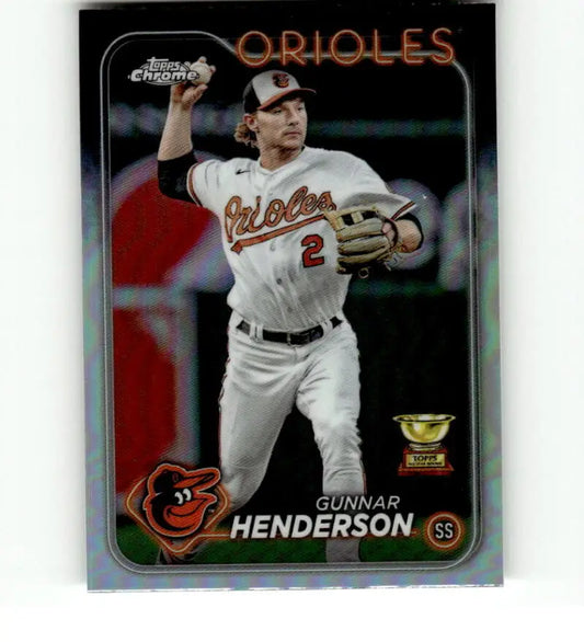 Baseball card of Gunnar Henderson, Baltimore Orioles shortstop in Topps Chrome Refractor design