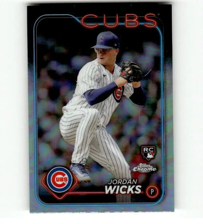 Jordan Wicks Chicago Cubs baseball card in white pinstriped uniform, 2024 Topps Chrome Refractor
