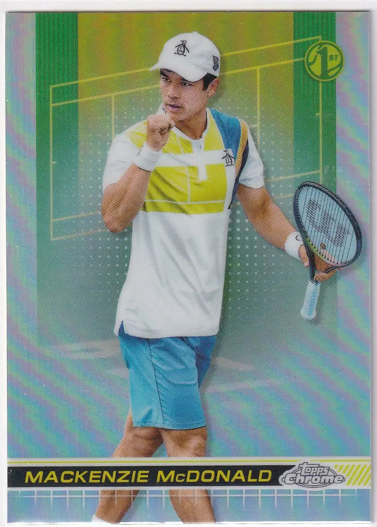 Tennis player in 2024 Topps Chrome Refractor shirt holding a racquet on the court