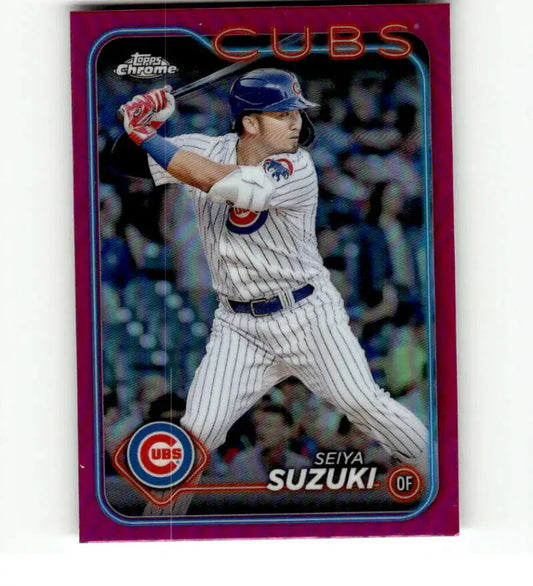 Pink-bordered Topps Chrome Refractor featuring Seiya Suzuki of the Chicago Cubs at bat