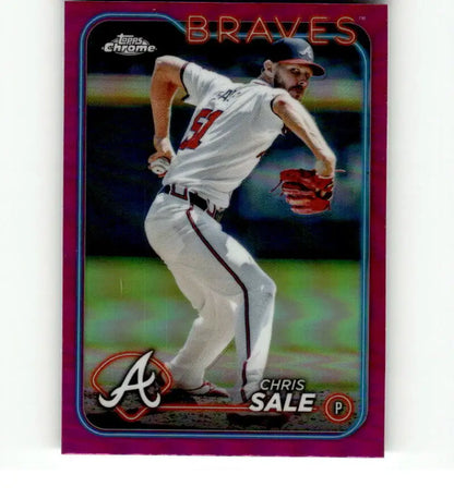 Pink-bordered baseball card of Chris Sale pitching for Atlanta Braves, Refractor Pink