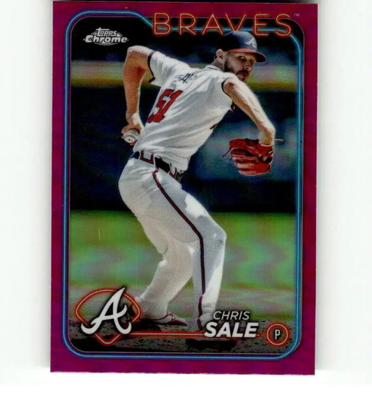 Pink-bordered baseball card of Chris Sale pitching for Atlanta Braves, Refractor Pink