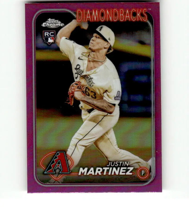 Purple-bordered baseball card of Justin Martinez, Arizona Diamondbacks pitcher in mid-throw