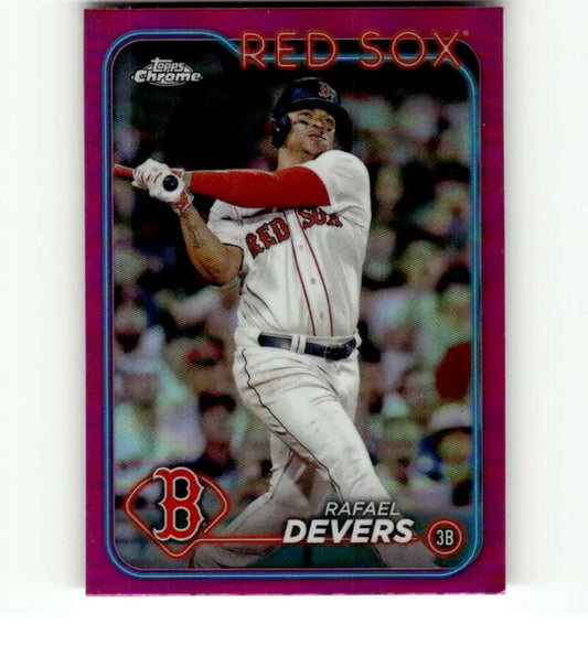 Pink-bordered Rafael Devers baseball card featuring Boston Red Sox player at bat