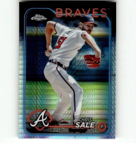 Chrome-finish Atlanta Braves baseball card of pitcher Chris Sale in mid-throwing motion