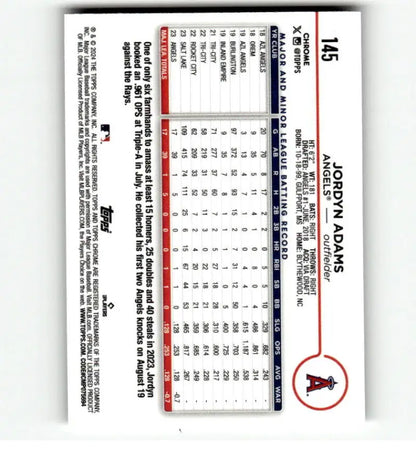 Back of 2024 Topps Chrome Refractor Prism #145 Jordyn Adams Los Angeles Angels Baseball Card