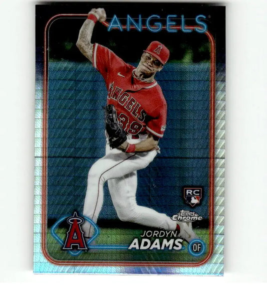Jordyn Adams Los Angeles Angels Baseball Card showing throwing motion in red uniform Refractor Prism