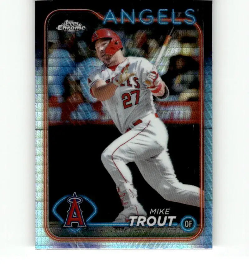 Baseball card of Mike Trout in white Angels uniform swinging bat, Topps Chrome Refractor