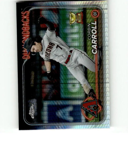 Baseball card of Corbin Carroll making a leaping catch for the Arizona Diamondbacks