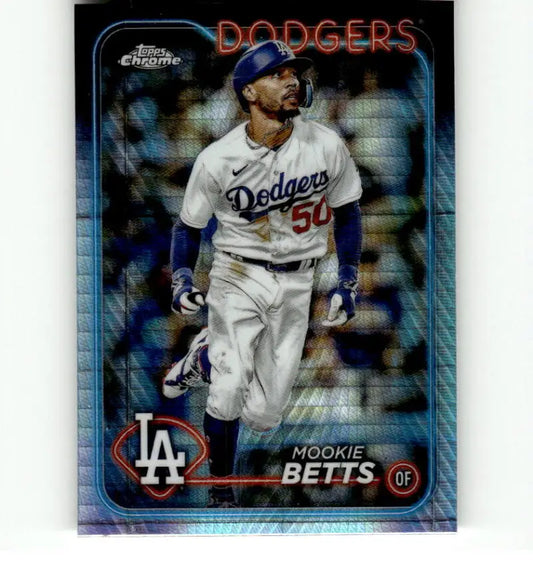 Mookie Betts 2024 Topps Chrome Refractor Prism baseball card in Dodgers home uniform
