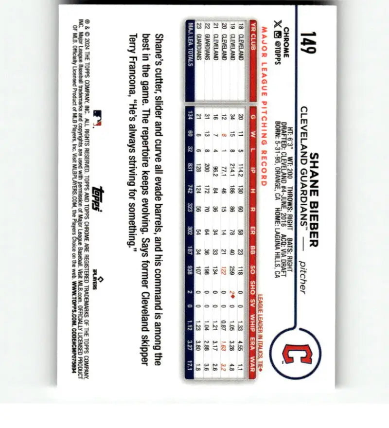 Baseball scorecard highlighting Shane Bieber stats for Topps Chrome Refractor Cleveland Guardians