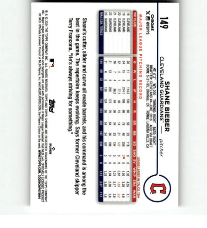 Baseball scorecard highlighting Shane Bieber stats for Topps Chrome Refractor Cleveland Guardians
