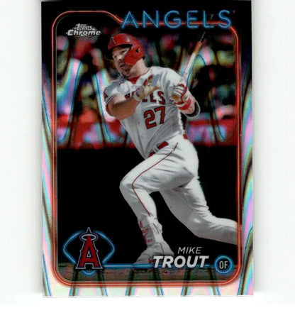 Baseball card of Mike Trout swinging bat in 2024 Topps Chrome Refractor design