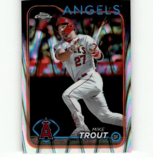 Baseball card of Mike Trout swinging bat in 2024 Topps Chrome Refractor design
