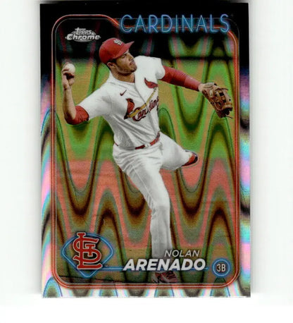Chrome-finish baseball card of Nolan Arenado throwing for St Louis Cardinals uniform