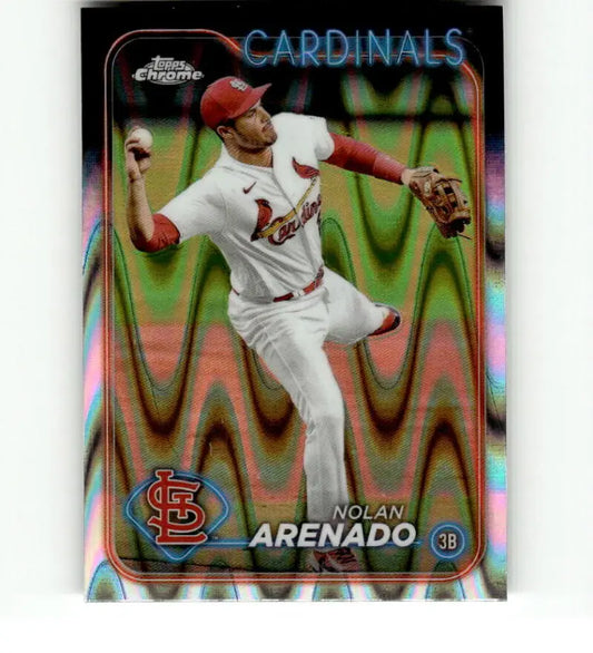 Chrome-finish baseball card of Nolan Arenado throwing for St Louis Cardinals uniform