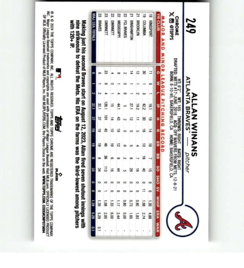 Baseball statistics card with St. Louis Cardinals logo from Topps Chrome Refractor Allan Winans