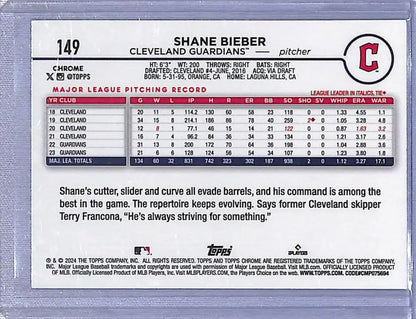 Shane Bieber 2024 Topps Chrome RayWave Aqua baseball card #149 Cleveland Guardians