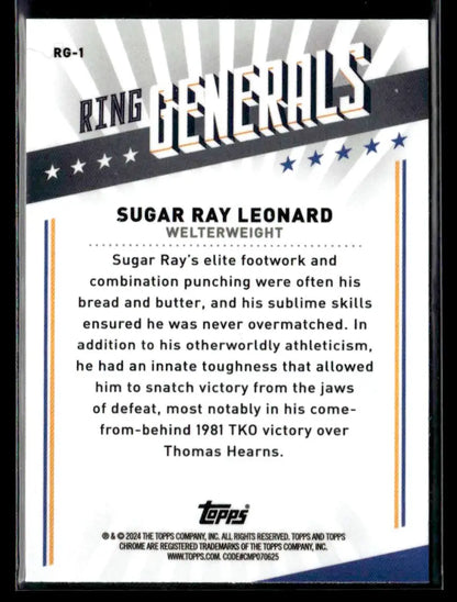Back of a Sugar Ray Leonard boxing trading card from 2024 Topps Chrome Ring Generals