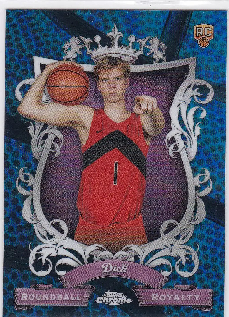 Basketball trading card of Gradey Dick in red jersey from Topps Chrome Blue Roundball Royalty