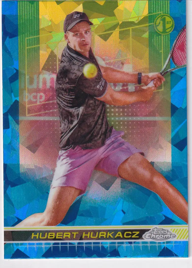 Tennis player hitting forehand in black shirt and pink shorts from Topps Chrome Sapphire