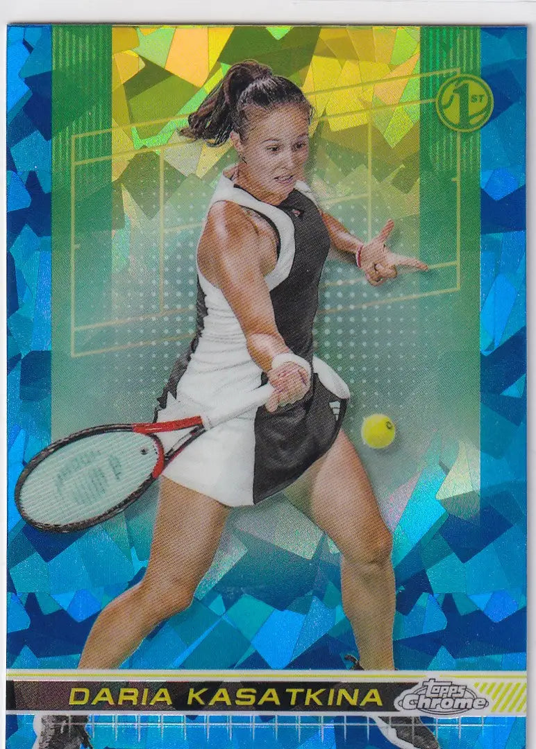Tennis player Daria Kasatkina in black and white outfit with red racquet, Topps Chrome Sapphire